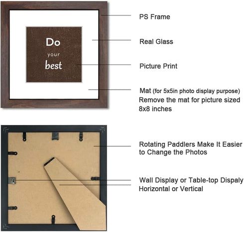 8x8 Set 3 5x5 8x8 Picture Frame of with Real Glass for Pictures with Mat or Without Mat, Wall Mounting or Tabletop