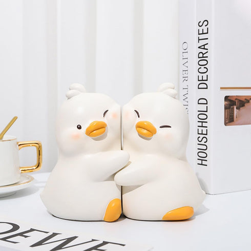 Cute Hug Ducks Decorative Bookends, Unique Book Ends to Hold Books Creative Resin Book Holder Stopper for Home Office