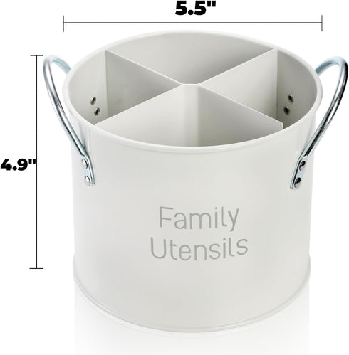 4 Compartment Kitchen Utensil Holder, 5.7 Inch Large Metal Utensil Caddy for Countertop, Utensil Crock Organizer with Removable Divider, Silverware Holder for Spoons, Knives, Forks, White