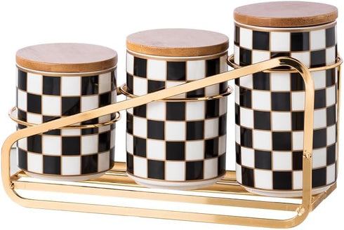 Kitchen Countertop Ceramic Checkered Canisters Set, 3Pcs Grid Pattern Kitchen Jars with