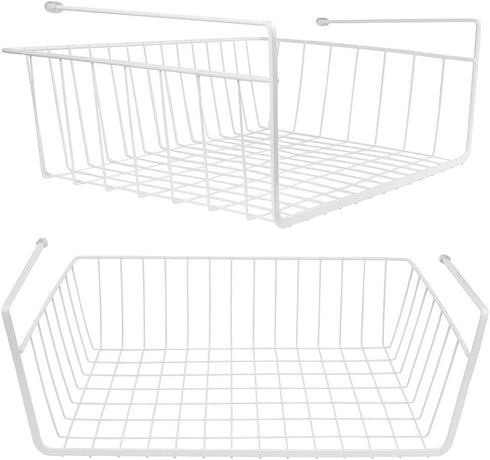 Tebery 2 Pack White Under Shelf Wire Basket, Hanging Storage Baskets for Kitchen Pantry Desk Organizer