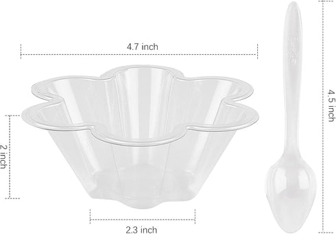 TOFLEN 8 oz Dessert Cups with Spoons, 100 Pack Clear Plastic Small Party Serving Bowls for Sundae, Parfait, Fruit, Strawberry Shortcake, Disposable Snack Bowls (Flower Shape) by TOFLEN