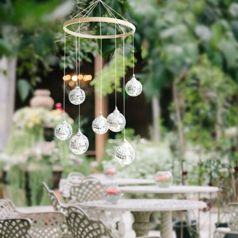 Dazzling Disco Ball Mobile - 7.8 Inch Spiral Spinner Ball, Nature Bamboo Circle for Indoor Outdoor Yard Garden Patio