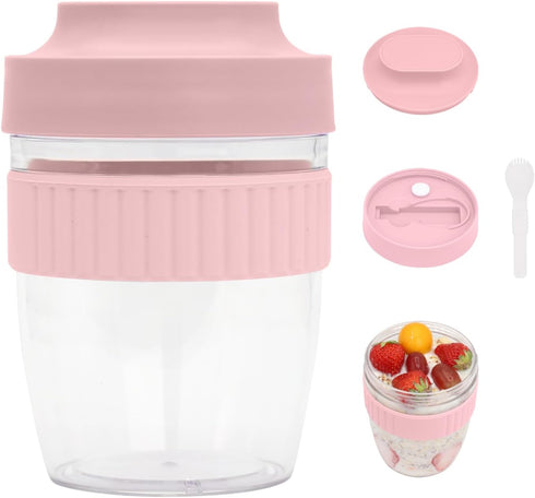 Breakfast On The Go Cups, 20 oz Overnight Oats Containers with Lid & Folding Spoon, Pink