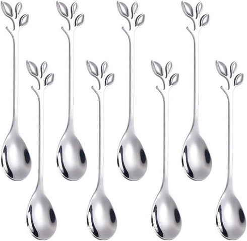 AnSaw 8-Pieces 4.7-Inch Small Coffee Spoons with Leaf Handle (Silver)