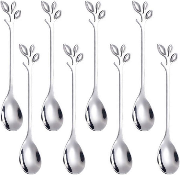 AnSaw 8-Pieces 4.7-Inch Small Coffee Spoons with Leaf Handle (Silver)