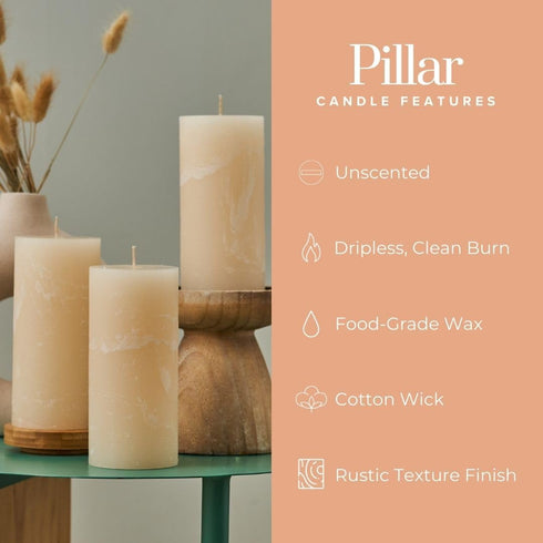 Simply Soson 3x6 inch Ivory Pillar Candles Set of 3, Rustic Texture, Unscented, Dripless for Weddings