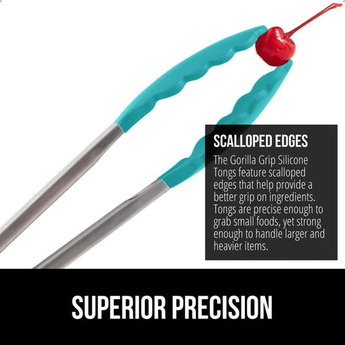 GORILLA GRIP Stainless Steel Kitchen Tongs - Heat Resistant Cooking Tongs Set of 2, 9 + 12 Inch, Turquoise
