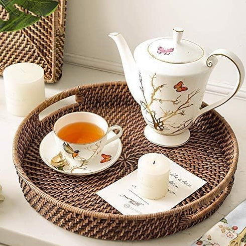 11 inch Round Rattan Tray with Cut-Out Handles, Woven Serving Tray for Dining/Coffee Table
