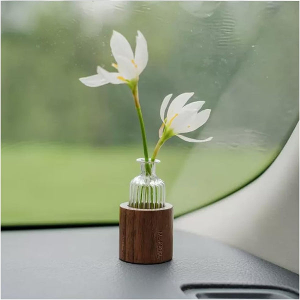 WAYUTO Self-Adhesive Mini Glass Vase with Walnut Stand - Car Plant Container &