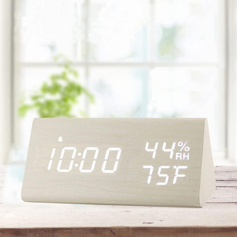 Digital Alarm Clock with Wooden LED Time Display, 3 Alarm Settings, Humidity & Temperature Detect