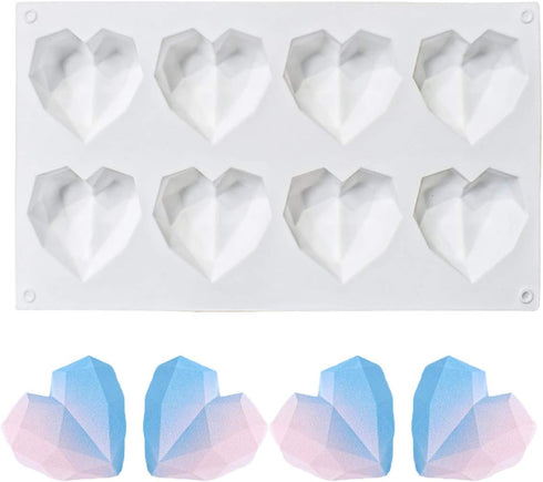 8 Grid Diamond Heart Silicone Cake Mold, 3D Diamond Love Heart Shaped Mould for DIY Cake, Mousse, Dessert