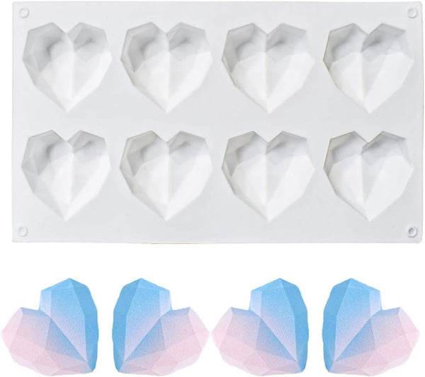 8 Grid Diamond Heart Silicone Cake Mold, 3D Diamond Love Heart Shaped Mould for DIY Cake, Mousse, Dessert
