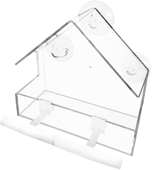 Window Bird Feeder - Small Acrylic Bird House for Outside with 2 Rods, Strong Suction Cups and Drain Holes (5.9 * 2.4 *