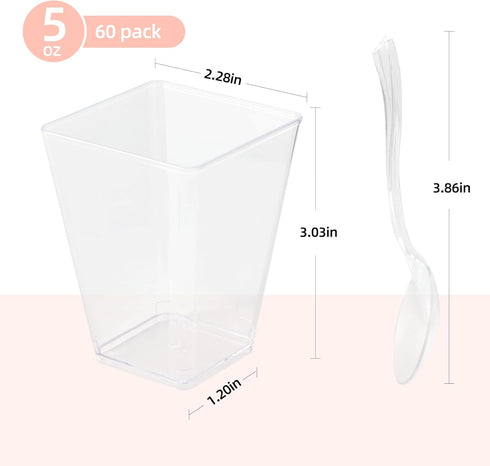 60Pack 5oz HOMIP Plastic Dessert Cups with Spoons (No Lids) Ideal for Yogurt Parfaits, Pudding, Fruit, Ice Cream