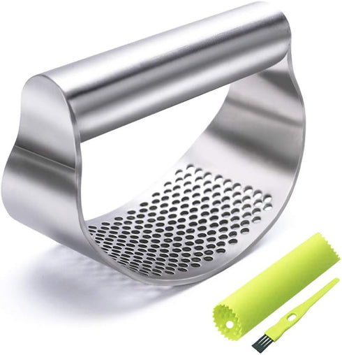 GuDoQi Garlic Press Rocker, Stainless Steel Mincer with Peeler and Scraper Brush, Ergonomic Kitchen Gadget