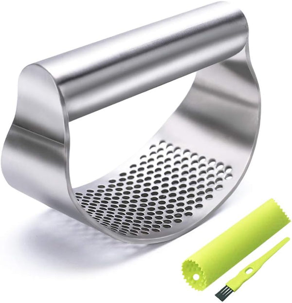 GuDoQi Garlic Press Rocker, Stainless Steel Mincer with Peeler and Scraper Brush, Ergonomic Kitchen Gadget