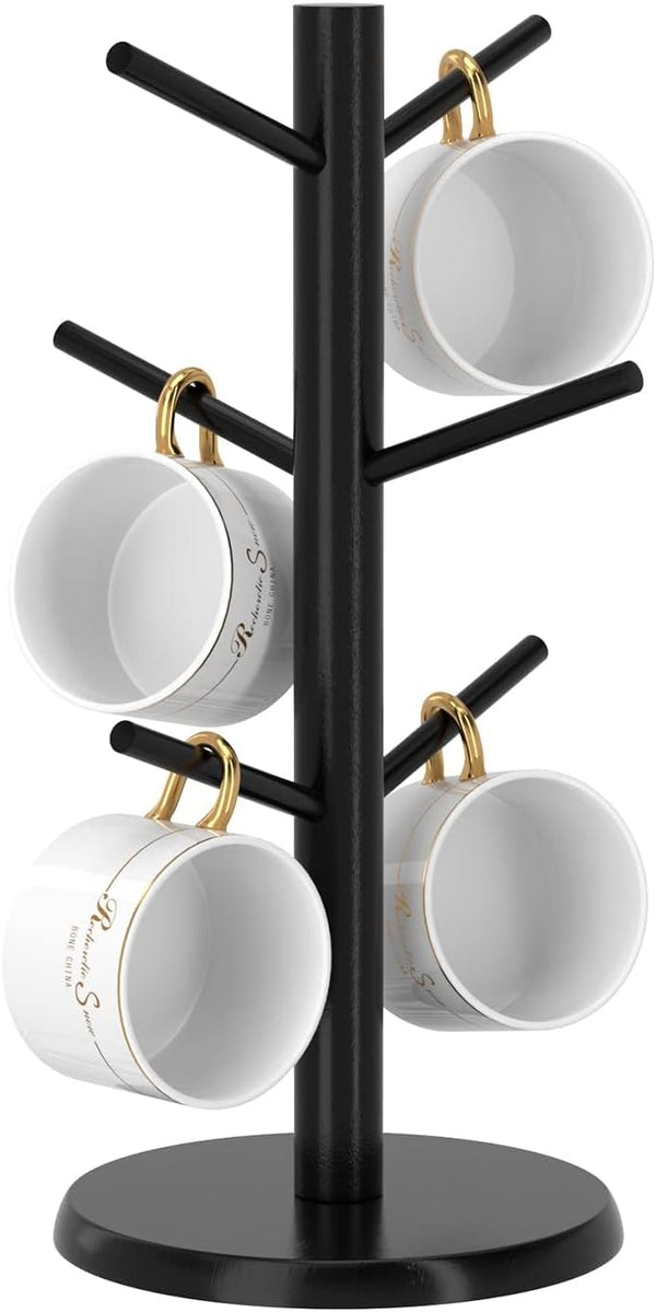 Wisuce Black Coffee Mug Tree, Thick Bamboo Mug Holder with 8 Hooks for Countertop Coffee Mug Rack Organizer