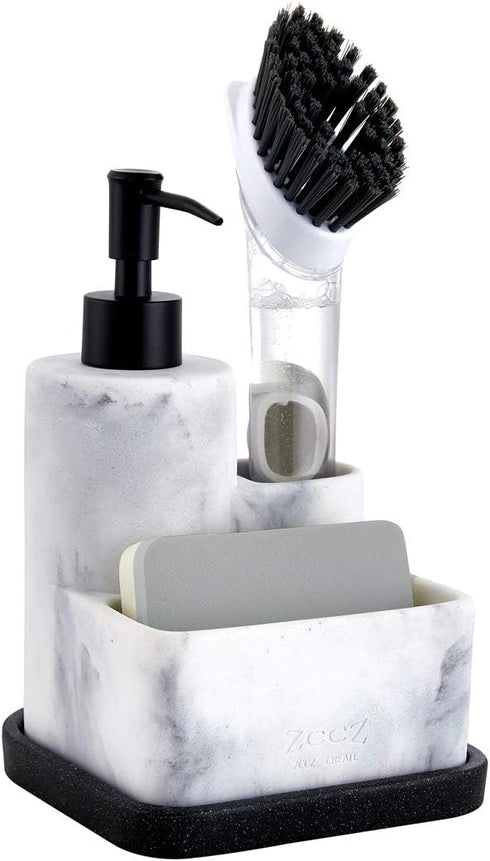 ZCCZ White Soap Dispenser with Sponge Holder, 3 in 1 Set Organizer for Sink Countertop, Removable Tray, Marble Look