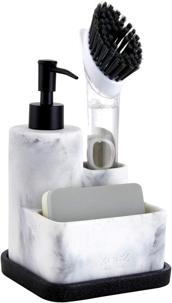 ZCCZ White Soap Dispenser with Sponge Holder, 3 in 1 Set Organizer for Sink Countertop, Removable Tray, Marble Look