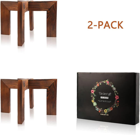 2 Pack 5-15 Inch Gendral Forwepup Wood Plant Stand, Mid Century Modern Planter Stand Rattan Flower Pot Stand, Low Short