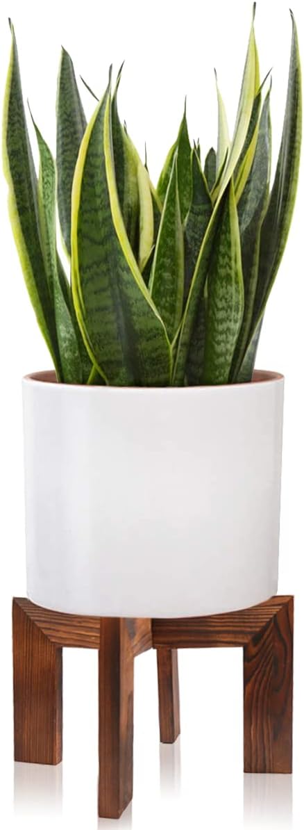 Wood Plant Stand, Mid Century Modern Rattan Flower Pot Holder for Indoor Plants, Fits 5-15 Inch Pot