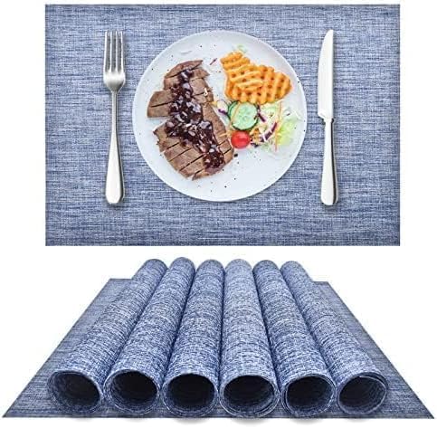 DACHUI Placemats Set of 6, Durable Water Resistant Linen Look Woven Table Mats, Washable, Blue