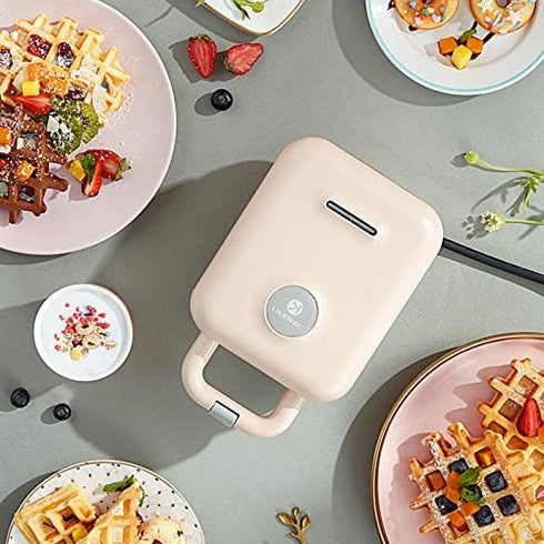 LIVEN Mini Waffle Maker with 3 Shapes Removable Plates, Electric Non-Stick Breakfast Machine, Pink