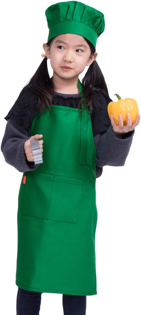 Kids Apron and Chef Hat Set, Adjustable Bib Apron with 2 Pockets, Cute Boys Girls Kitchen Apron (2-5 Year, Green)