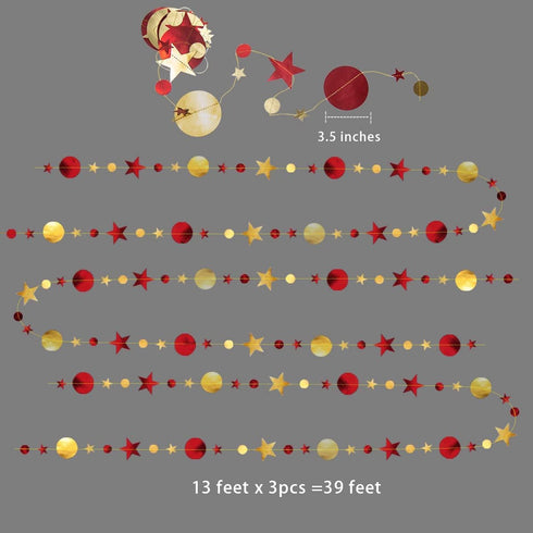 Cheerland Gold Red Star Garland Party Decorations, Burgundy Circle Dots Moon Hanging Backdrop for Birthdays