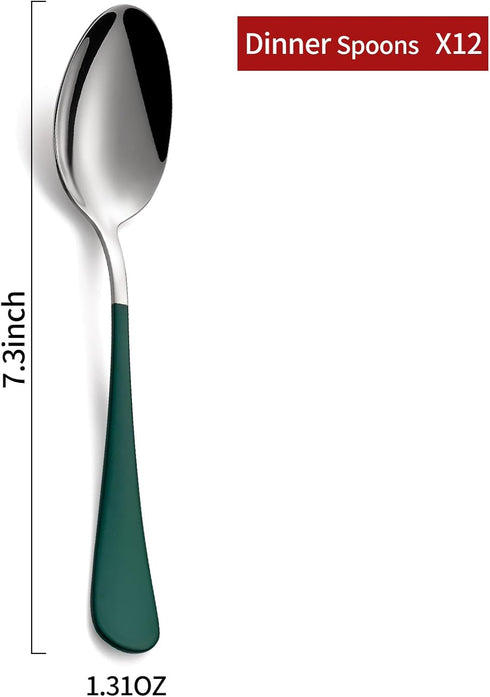 Green Dinne 12 Piece Set, Green Handle Silverware Spoon, 18/0 Stainless Steel Flatware, 7.3-inch Dessert Spoons