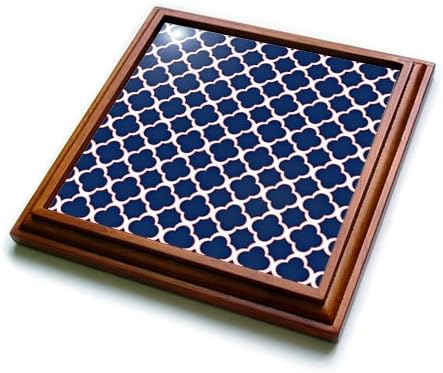 3dRose Quatrefoil Pattern Navy Blue & White Trivet with Ceramic Tile, 8 by 8", Brown Accent