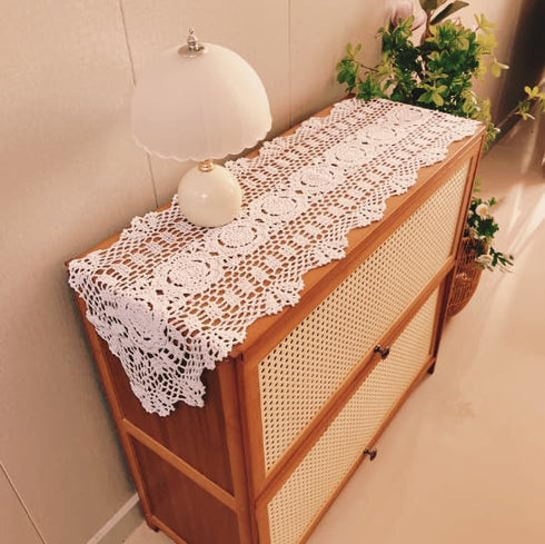 Tablecloth,1 11.8"x31.5" ABREEZE Handmade Oval pc,Cotton Lace-Edge Beige Doily for Mirrors, Dining Table, Coffee Table