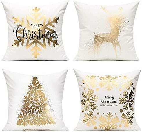 All Smiles Christmas Throw Pillow Covers - Set of 4 White Gold Velvet Cases for Winter Holiday Home D cor