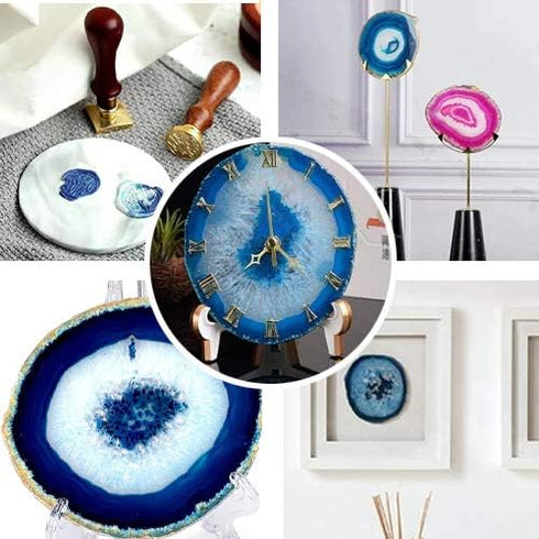 Yougoals Blue Agate Coasters 4"-3.5", Brazilian Geode Coasters with Gold Rim, Natural Gem Stone Cup Mat (1PK)