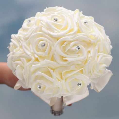 WIFELAI-A Ivory Cream Bouquet with Diamond Soft Ribbons - Artificial PE Rose Bridal Flowers for Wedding, Party, Church