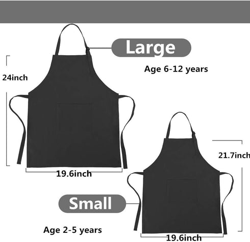 Kids Adjustable Cotton Apron and Chef Hat Set, Large Pocket Black Bibs for Cooking Baking Painting