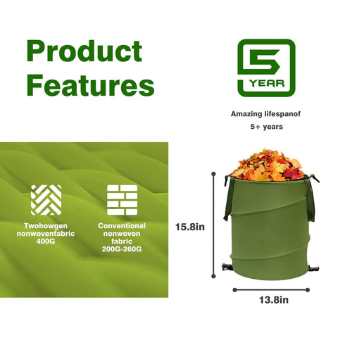 13.8x15.8 600D (1Pcs-Green 10 Collapsible Pop Up Trash Can, Outdoor Recycling Bin in, Oxford Cloth Yard Waste Bags