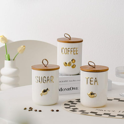 Set 27oz Set Counter Comeon Ceramic Canister with Airtight Seal Bamboo Lid Silicone, Food Storage Jars for Coffee Sugar