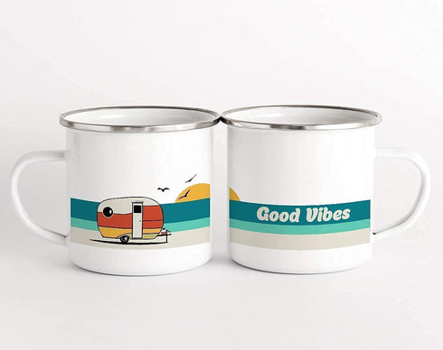 Good Vibes Retro Camper Enamel Mug, 12oz Camping Coffee Mug, Beach Surf Lover Gift