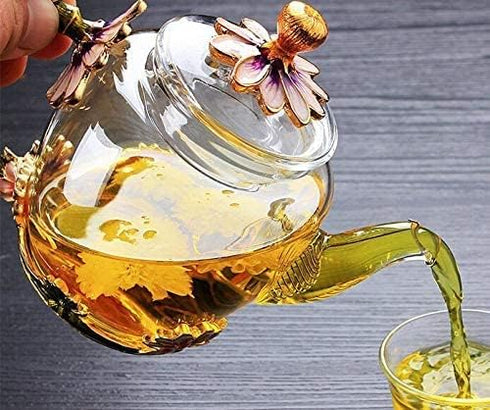 Teabloom Glass Blooming Tea Teapot for Women, Blue Rose Floral Teapot with Gold, 10.15oz/300ml Deep Coffee Color