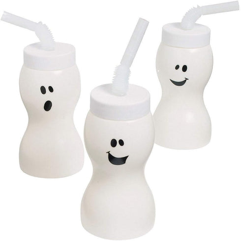 Fun Express Set of 12 Ghost Shape Cups with Straw for Halloween, 8 oz, BPA Free Plastic, Kids Party Supplies, White