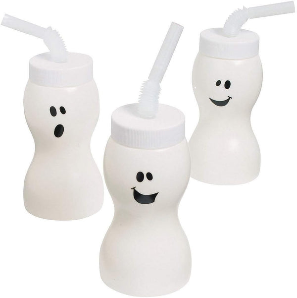 Fun Express Set of 12 Ghost Shape Cups with Straw for Halloween, 8 oz, BPA Free Plastic, Kids Party Supplies, White