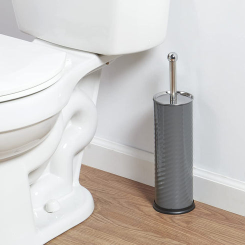 Home Basics Toilet Brush with Swirl Canister, Grey | Neutral Color | Sturdy Base | Embossed Design
