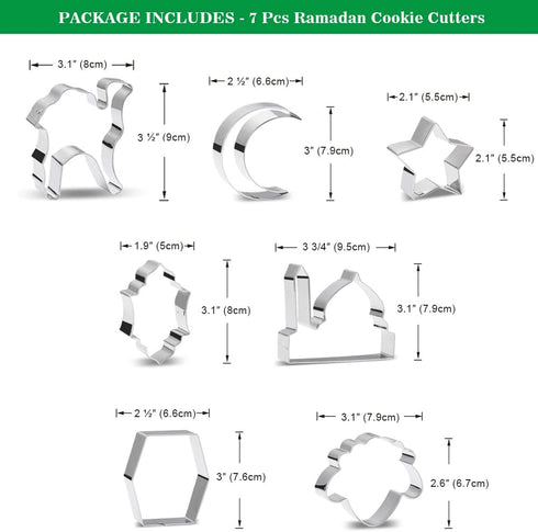 Aprildecember Ramadan and Eid Cookie Cutter Set of 7 - Includes Mosque, Lantern, Moon, Star, Kaba, Sheep Head, Camel