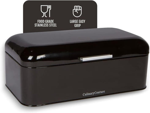 Culinary Couture Extra Large Black Bread Box - Holds 2 Loaves, 16.5" x 9" x 6.5", Stainless Steel Vintage