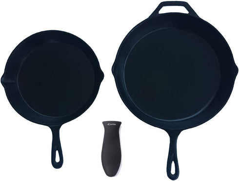 Silicone Hot Handle Holder + Assist Holder, Potholder (2-Pack Mix Black) for Cast Iron Cookware