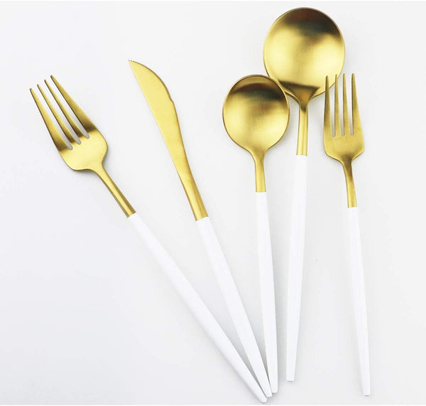 White Gold Flatware Set, 5 Piece Matte White Handle 18/10 Stainless Steel Tableware for 1, Camping Utensils