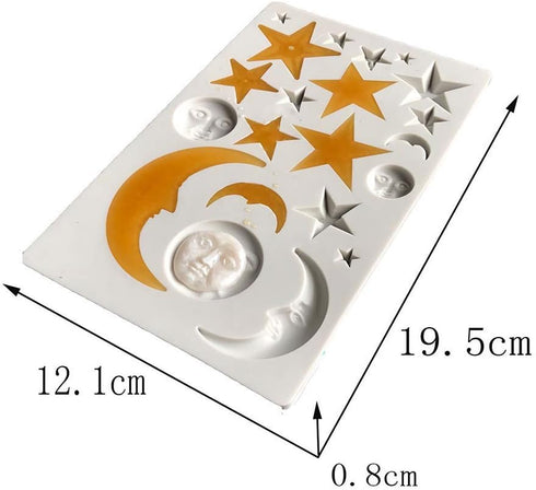 Moon Stars Sun Face Silicone Fondant Mold, Chocolate Candy Gumpaste Tool for Cake Decorating, Epoxy Resin DIY