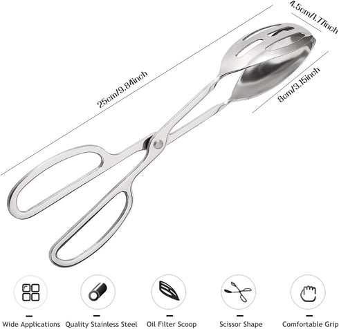 Silver 2 Pieces Buffet Salad Tongs, Stainless Steel Food Scissor Tongs, Catering Utensil for Cooking, Serving, Barbecue